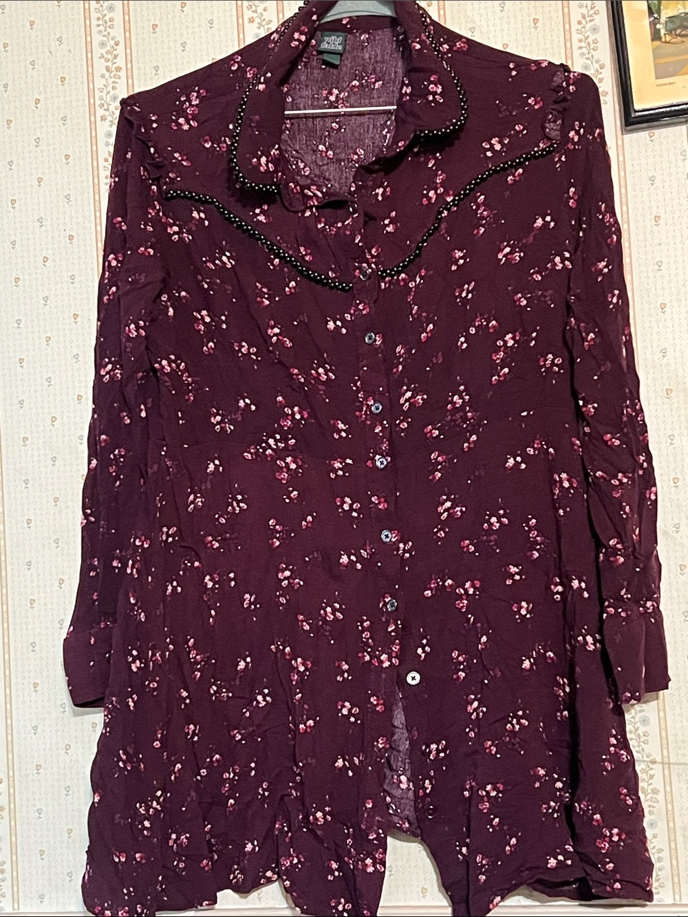 Wild Fable Burgundy Floral Button-Up Top with Pink Accents